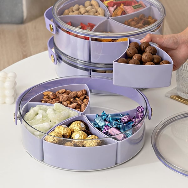 Gjennomsiktig skillebrett med lokk og håndtak, bærbar rund form for godteri, forretter, snacks, tørket frukt, nøtter, grønnsaker, fest lilla