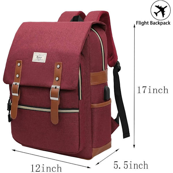 Laptopväska upp till 15,6'' Casual Vattentät Affärsrese Ryggsäck Skolväska Unisex USB Laddningsryggsäckar Wine Red