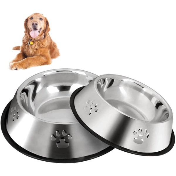 2 pakke stor hundeskål i rustfritt stål, hundefôringsskål, med sklisikker gummibase, middels og stor hundematerskål og vannskål (30 cm)