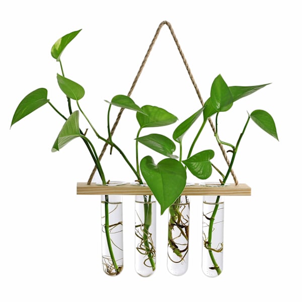 Seinälle ripustettava istutusastia Test Bud -maljakoteline 4 lasisella koeputkella, pöytäasetelma terrarium puinen jalusta hydroponisille kasveille kotiin, puutarhaan ja toimistoon Wood color