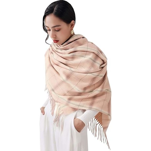 Dam Vinter Tartan Scarf, Lång Vinterscarf, Mjuka Varma Scarfar, Tofssjal, Lång Stola, Julklapp Pink