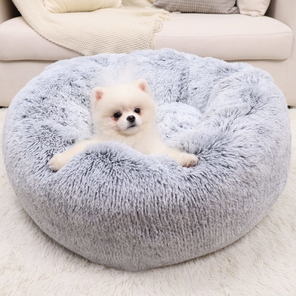 Rauhoittava koiransänky pienen koiran sänkyyn, mukava itsestään lämpenevä pyöreä koiran ja kissan sänky, jossa on pörröinen tekoturkista ahdistusta vastaan ​​ja mukava (24 x 24 tuumaa, vaaleanharmaa)