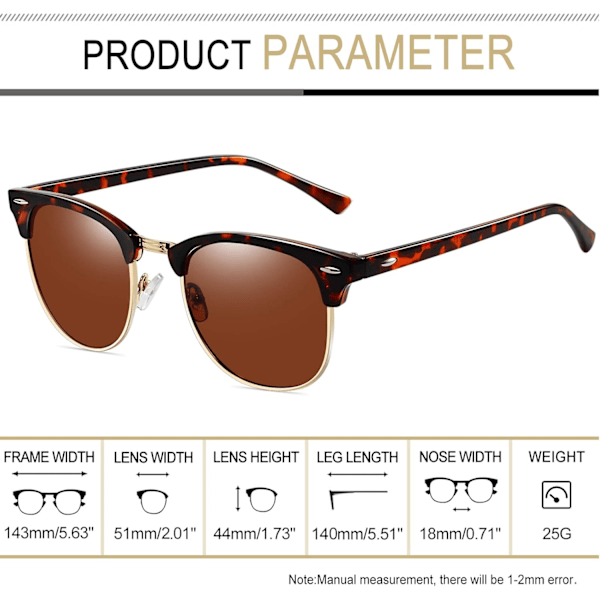 Semi-Rimless Polariserede Solbriller Mand - UV400 Beskyttelse Retro Halv Ramme Solbriller Unisex Polariserede Herre Dame Solbriller