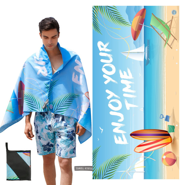 Strandhandduk med UV-etiketter, strandmatta, mikrofibermaterial, sandfri, lämplig storlek (75 × 150 cm), snabbtorkande, elastisk repdesign, blå