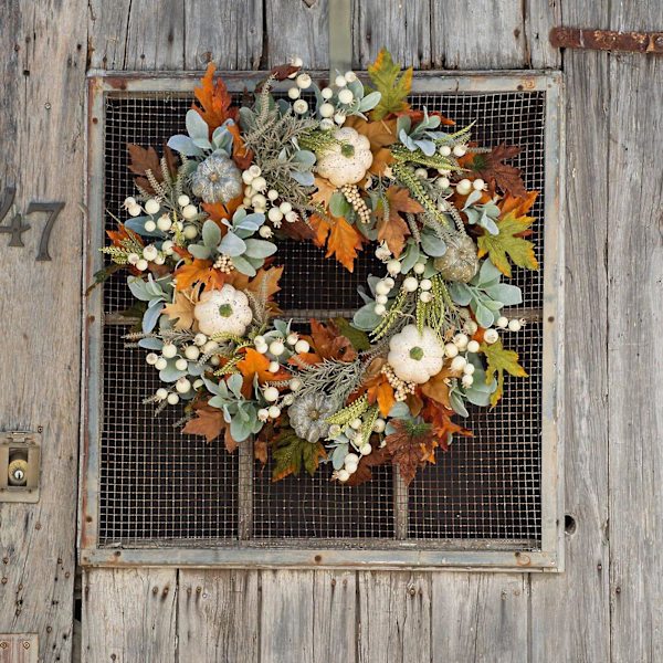18\" Thanksgiving Halloween Dörrkrans för Framdörr, Höstsimuleringskrans, Konstgjord Krans med Pumpa, Lönnlöv, Tallkottebär för Upphängning