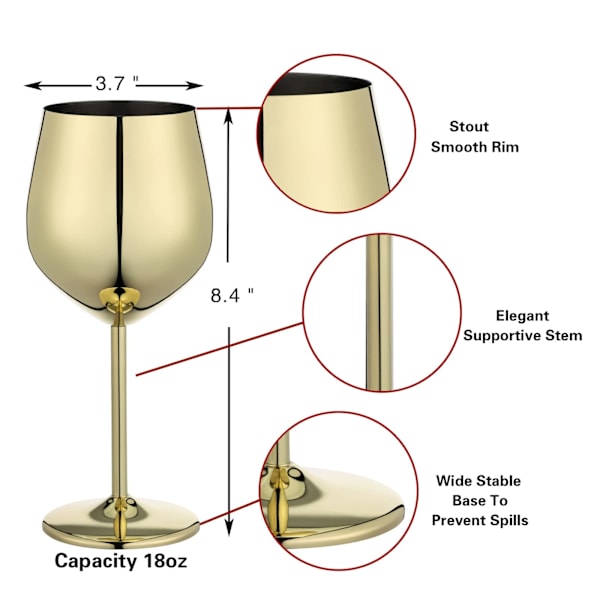 Guldvin Glas Set om 4, 550ml Okrossbart Guldbägare, Rostfritt Stål Vinglas, Unikt och Bärbart Metallvinglas Gold