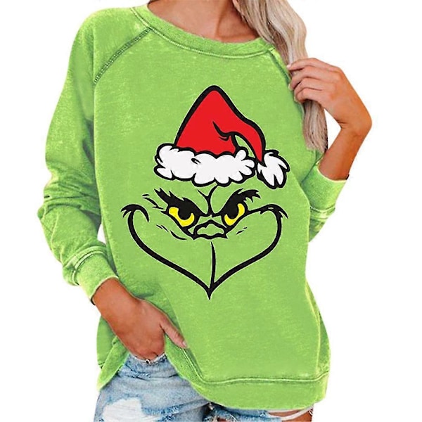 Kvinders Juletrøje med Grinch-print, Langærmet Sweatshirt, Juletrøje, Tunika, Størrelse L