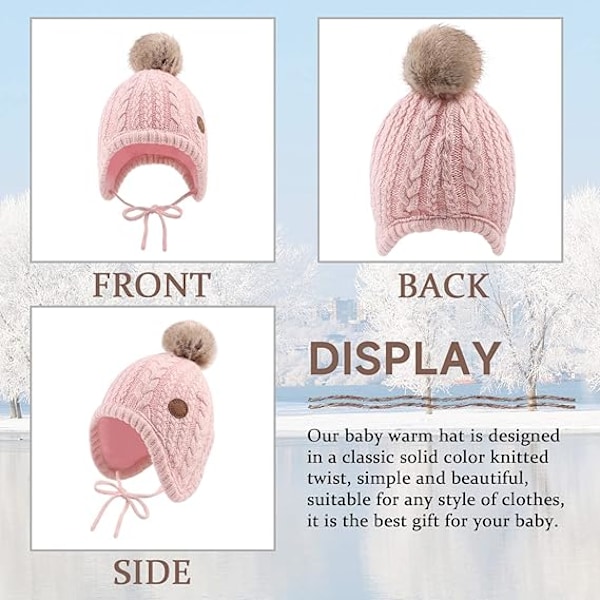 Baby Pojkar Vintermössa Sammetsfodrad Småbarnsmössa med Öronlappar Varma Babymössor för Flickor med Pompon Pink