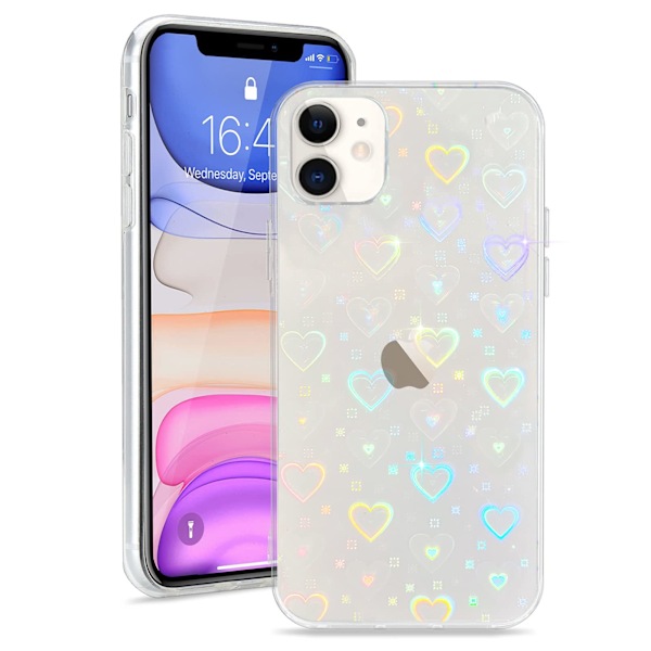 iPhone 11 Skal Kristallklart Sött Holografiskt Hjärtmönster för Kvinnor Flickor Transparent Stötfångare Stöttåligt Skyddande Telefonskal för iPhone 11