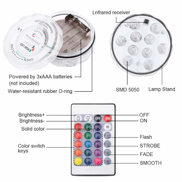 Sänkbar 10 LED-lampor, RGB Flerfärgad Vattentät Batteridriven Belysning med IR-fjärrkontroll
