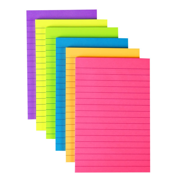 4 tommer x 6 tommer Linjert Sticky Notes for Post, 6 Lyse Farger Selvklebende Notater, 45 Ark Per Blokk, 270 Ark Totalt