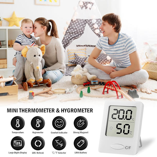 Digital Rumtermometer, Indendørs Hygrometer Nøjagtig Termometer Luftfugtighedsmåler med Temperatur- og Luftfugtighedssensor og Ansigts-ikon Komfortindikator