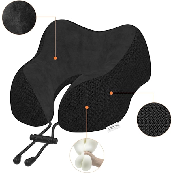 Rejsepude Nakkepude til Rejsefly Flyvning Memory Foam Flypude til Biler, Tog, Hjem, Kontorer (Sort)