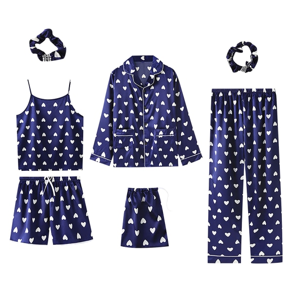 7 delar Dampyjamasset Pyjamas i konst siden Pyjamas dampyjamas Sovkläderset Vår sommar Hemkläder Set Damkomfort bomullspresent（L）
