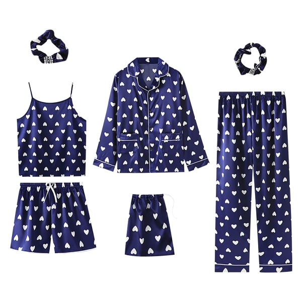 7-delars damuppsättning i konstgjord siden, pyjamas för kvinnor, nattkläder, vår-sommar, hemkläder, nattkläder, bekväm bomull, present (L)