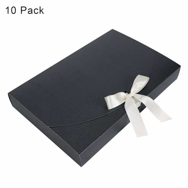 10 kpl lahjapakkausta, suorakulmainen pahvilaatikko 26 * 17,5 * 3 cm kannella ja satiininauhalla, teksturoidut lahjapakkaukset, musta