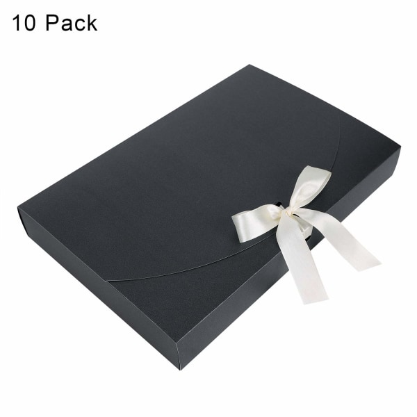 10 st presentförpackning, rektangulär presentask i kartong 26 * 17,5 * 3 cm med lock & dekorativt satinband, texturerad presentask, svart