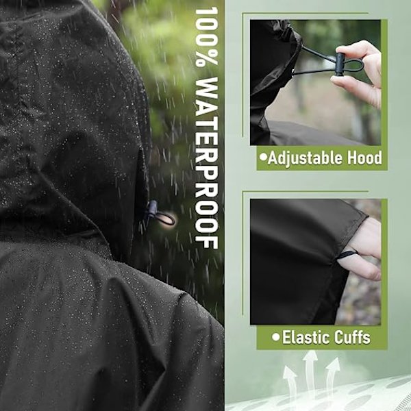 Regnponcho Vuxen Vattentät Utomhus Huva, Poncho Vattentät för Kvinnor med Dragkedja, Festival Ponchos Vattentät Lång, Vattentäta Capes Plus Storlek Black