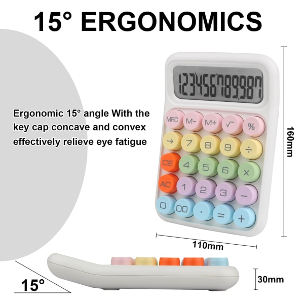 Farverig Elektronisk Lommeregner, 12-cifret Stor LCD-skærm og Store Runde Knapper Slikfarvet Skrivebordslommeregner til Kontor, Skole, Hjem (Hvid) white
