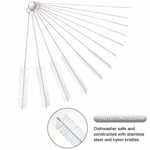 Flaskerensningsbørster, 12 stk. Rørbørste Nylon Rørrensesæt til Flasker Glas Strårensning, Hvid