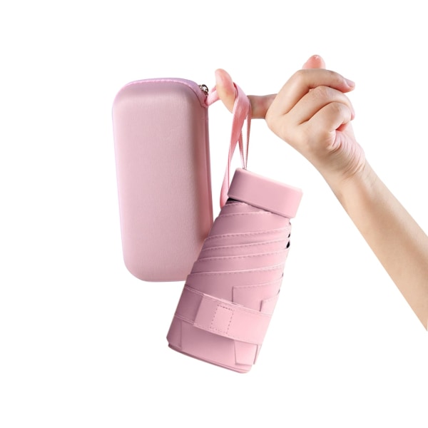Mini sammenleggbar reiseparaply, kompakt paraply vindtett sterk, 6 ribber bærbar anti-UV paraply med kapseletui, rosa Pink