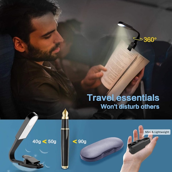 USB Uppladdningsbar Läslampa med Touchsensor, 3 Justerbara Ljusstyrkelägen, Clip-on Boklampa, Lämplig för Läsning i Sängen, Resor