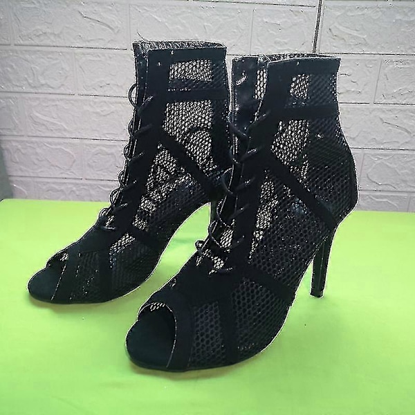 Svarta Ballroom Boots Salsa Tango Skor, Flickor Mode Fest Mesh Cutout Högklack