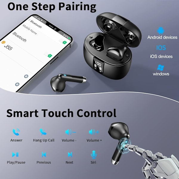 Trådlösa Hörlurar, Bluetooth 5.4 Hörlurar Trådlösa Hörlurar med 4 ENC Mikrofoner, Bluetooth Hörlurar In-Ear, IP7 Vattentät LED-Display