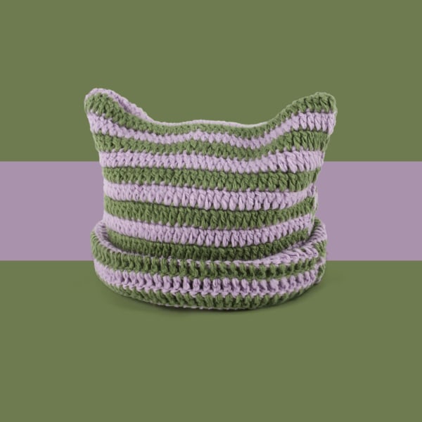 Kissapipo Virkatut hatut korvilla Neulottu raidallinen talvinen lämmin elastinen cap, violetti ja vihreä Purple and Green