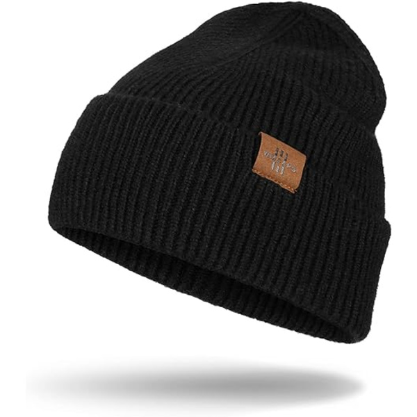 Strikket hue til mænd, dagligdags hue med opsmøg, strækbar, blød og varm, unisex komfortabel uldhue, gaver til mænd/ham/far, julegave Black