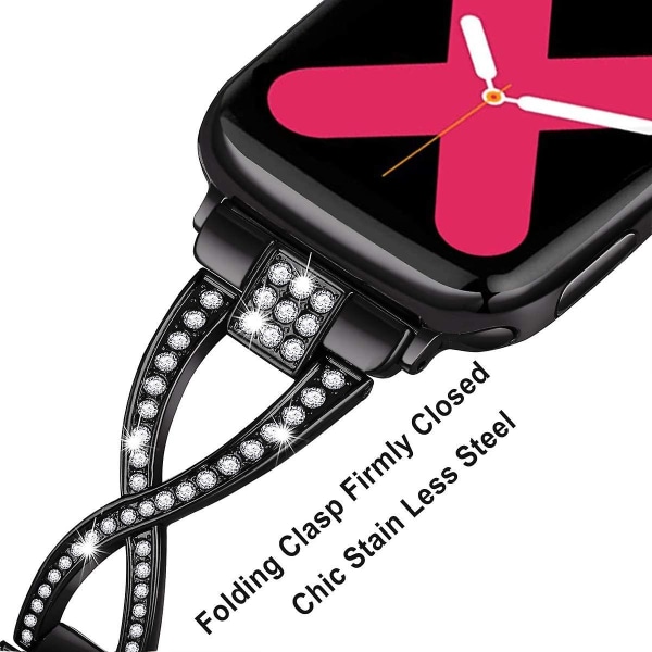 Apple Watch kanssa yhteensopivat watch rannekkeet 38mm 40mm 41mm 42mm 44mm 45mm -sarja 7 6 5 4 3 2 1 Naisten korut metallihihna Bling-timanttikorvauksella Black 38mm-40mm-41mm