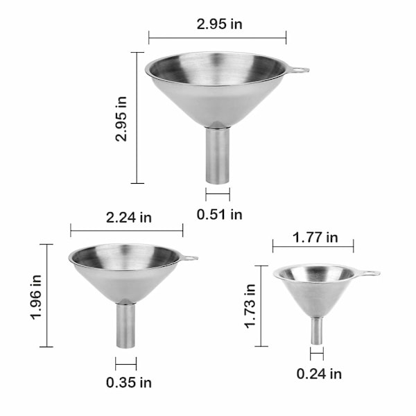Ruostumattomasta teräksestä valmistetut suppilot keittiöön, pienet metalliset suppilot (1,7 tuumaa / 2,2 tuumaa / 2,9 tuumaa), ei läikkymistä, elintarvikelaatuiset keittiösuppilot