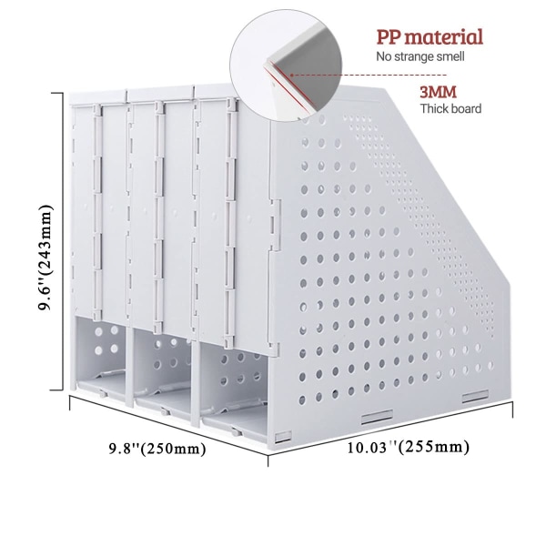 Foldbar magasinholder med 3 rom, justerbar, robust, for skrivebord, dokumentarkiv, display, lys grå