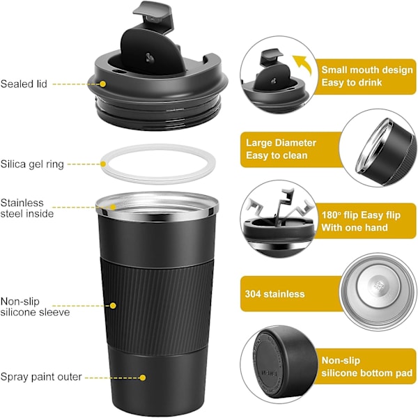 Resemugg, Återanvändbara Isolerade Kaffekoppar, Vakuumflaskor, Termosmugg i Rostfritt Stål för Varma och Kalla Drycker black
