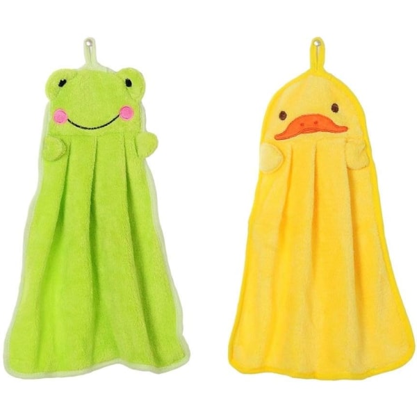 Dejligt børnehavehåndklæde Blødt plysstof tegneseriedyr hængende serviet badehåndklæde 2 stykker (grøn frø og gul and)