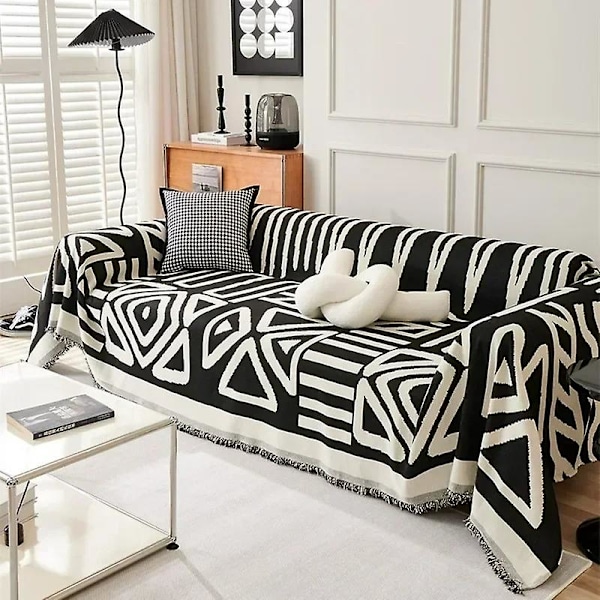 Nordisk Tassel Kasttæppe, Fuld Fire-Sæson Bomulds Sofa Betræk, Håndklæde Støv Anti-kat Ridse Beskytter, Sort balck 180*260cm