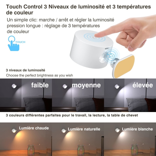 Vägglampa inomhus, Touch LED-vägglampa med USB laddningsport Touch Control, 3 ljusstyrkanivåer 3 temperaturer 360° vridbar sänglampa