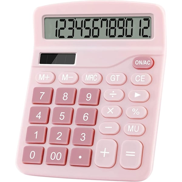 Kontorregnemaskiner til skrivebordet, 12-cifret regnemaskine med dobbelt strømforsyning og automatisk slukning, stort LCD-display, stor knap til kontor, hjem og skole Pink