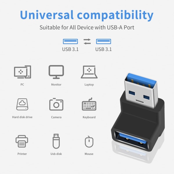 90 graders USB 3.0-adapter, USB-forlengeradapter 10 Gbps , USB 3.0 USB 3.1 hann til hunn type A til type A-kabeladapter, opp og ned USB A til A, 2 pakke