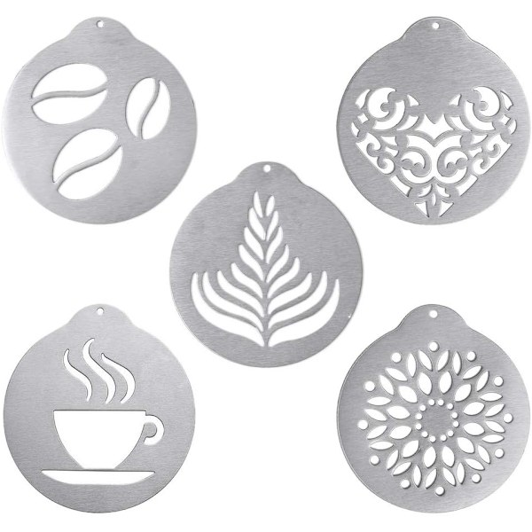5 stk. Kaffeskabeloner i rustfrit stål, Latte Art Kaffe Garland Form Personlig Skabelon til Kaffekagedekoration