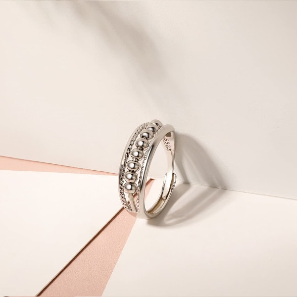 Ångestring för Kvinnor, Fidgetring i Sterling Silver, Justerbara Pärlringar Ångestlindringsringar, Stressreducerande Spinnerringar för Män Kvinnor