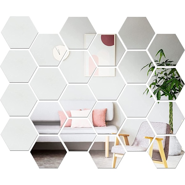 24 stk. akryl sekskantede speil, selvklebende fleksible speilfliser, DIY speilkunst for stue soverom TV sofa bakgrunnsveggdekorasjon