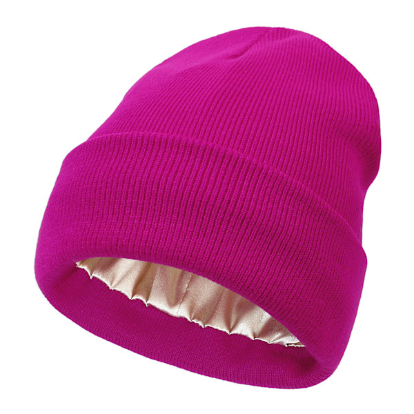 Satinfôret Beanie for Kvinner, Strikket Beanie, Cuffed Skull Cap