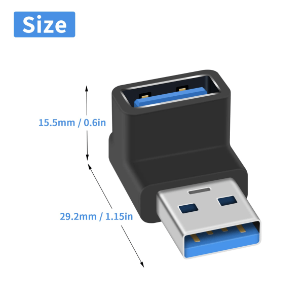 90 graders USB 3.0-adapter, USB-forlengeradapter 10 Gbps , USB 3.0 USB 3.1 hann til hunn type A til type A-kabeladapter, opp og ned USB A til A, 2 pakke