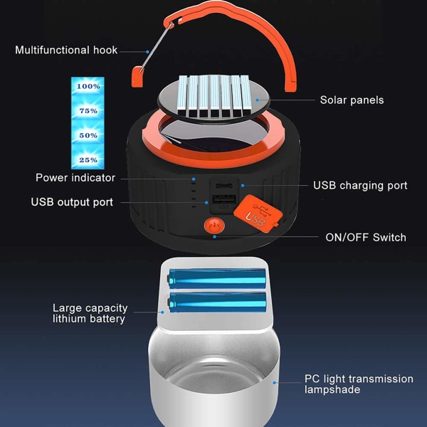 LED-campinglykta, uppladdningsbar, vattentät och bärbar ficklampa för solenergi med USB port - 5 ljuslägen