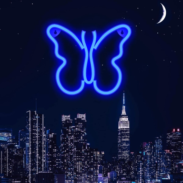 Butterfly neonskilte lys til vægdekoration i soveværelset, USB eller batteri LED vægdekoration (blå) Blue 9.05" x 7.48"