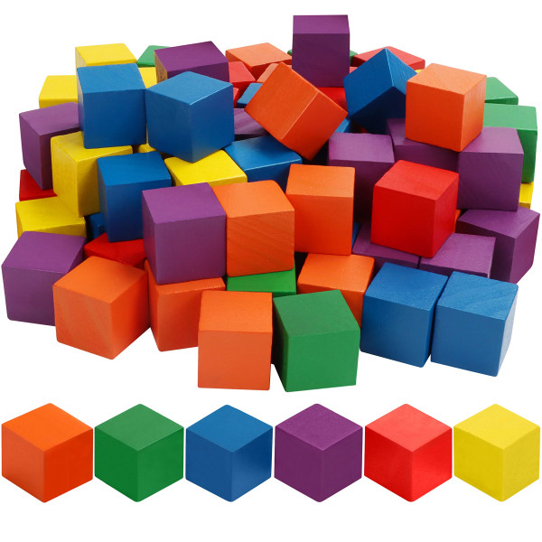 100 pakke farvede træblokke - 3 x 3 x 3 cm - 6 farver naturlige firkantede træterninger - til puslespil, pædagogisk matematiklegetøj til børn og gaver