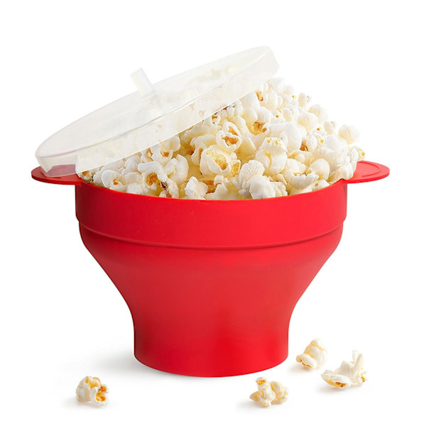 Silikoninen popcorn-ämpäri kahvalla, lämmönkestävällä kannella, silikoninen mikroaaltouuni popcorn-kulho - Taitettava punainen Bright Red
