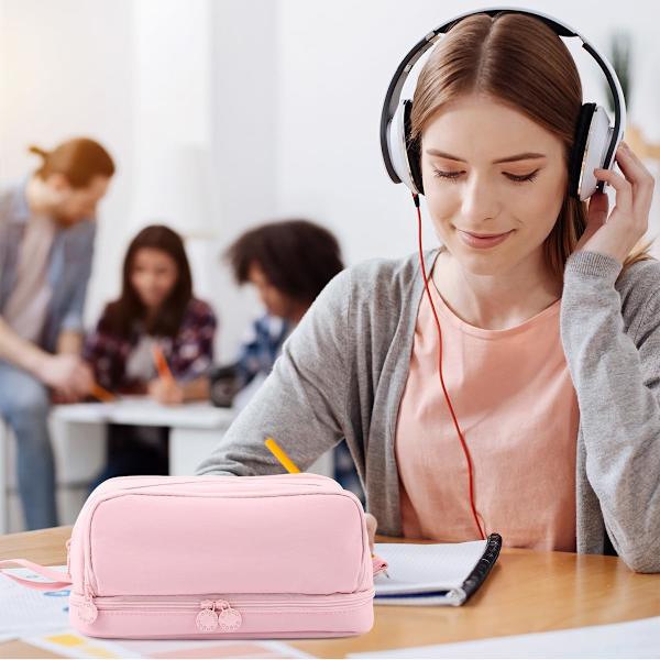 Pennal med stor kapasitet, 4 rom, pennal med glidelås, bærbar håndtak for kontor, høyskole, skole, tenåringer (rosa) pink