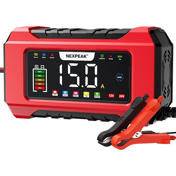12V 24V LiFePO4 Bærbar Billader 9-Trinns Smart Batterilader for Bil, Lastebil, Motorsykkel, Gressklipper, Båt, Marine